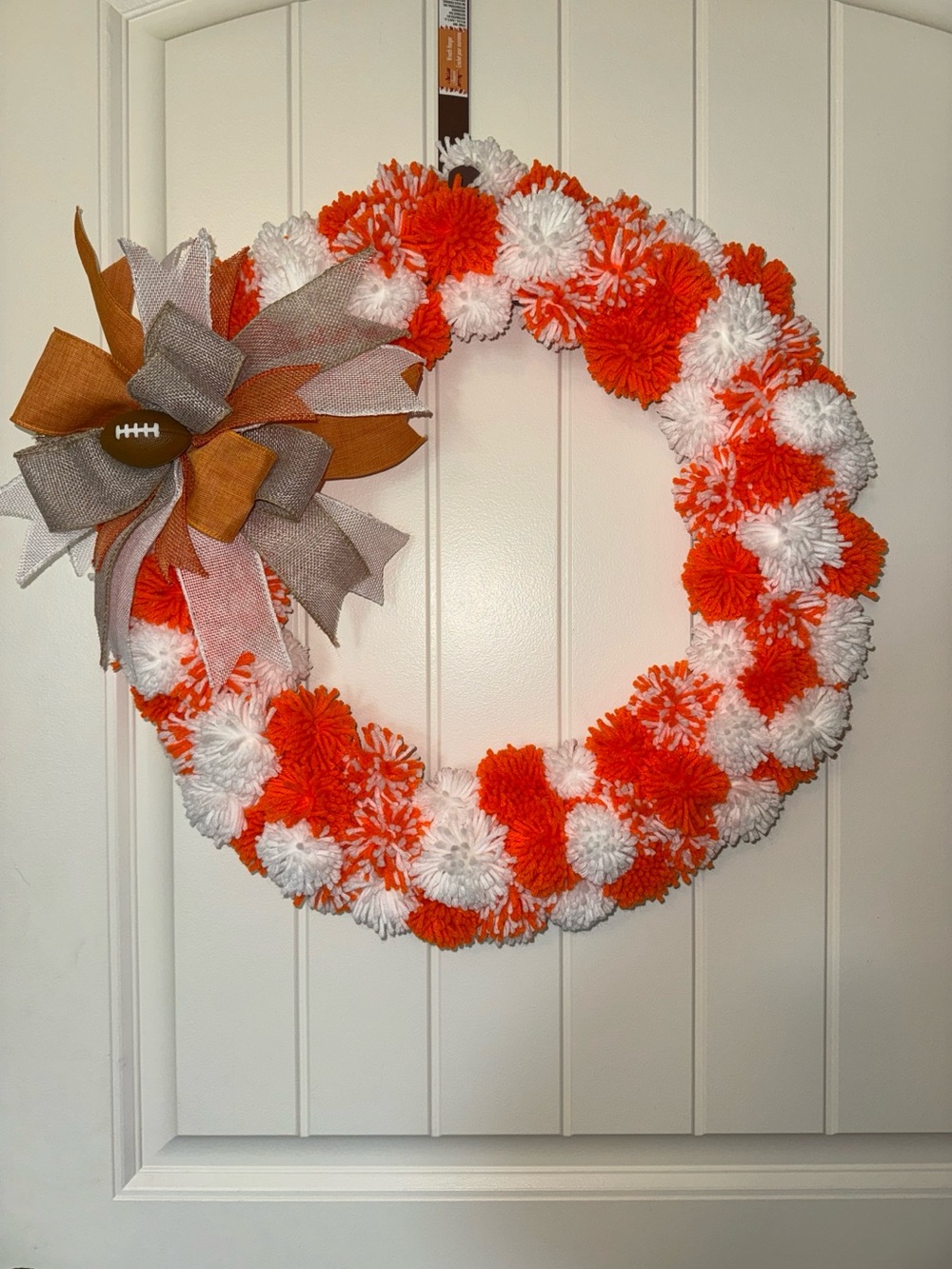 Hand Crafted Orange & White Pom-Pom Wreath with Burlap Bow